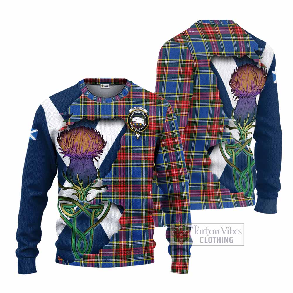 Tartan Vibes Clothing Bethune Tartan Family Crest Knitted Sweater Scottish Thistle Celtic Inspired