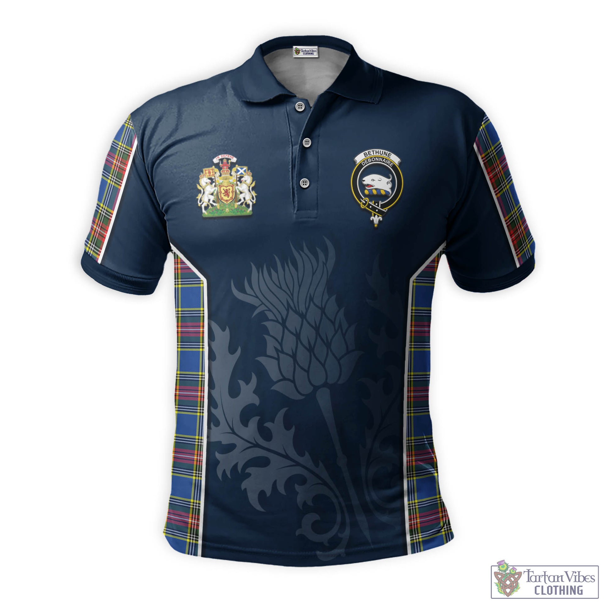 Tartan Vibes Clothing Bethune Tartan Men's Polo Shirt with Family Crest and Scottish Thistle Vibes Sport Style