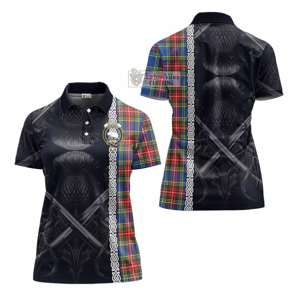 Tartan Vibes Clothing Bethune Tartan Women's Polo Shirt with Family Crest Cross Sword Thistle Celtic Vibes