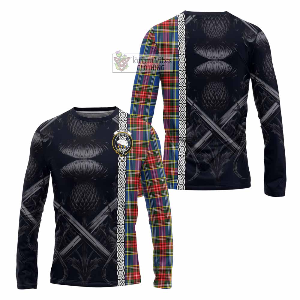 Tartan Vibes Clothing Bethune Tartan Long Sleeve T-Shirt with Family Crest Cross Sword Thistle Celtic Vibes