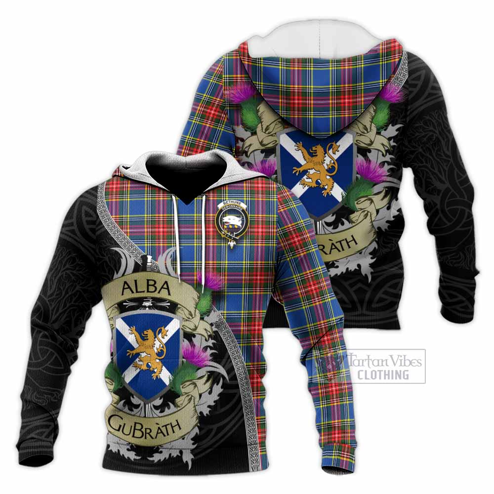Tartan Vibes Clothing Bethune Tartan Family Crest Knitted Hoodie Lion Rampant Royal Thistle Shield Celtic Inspired