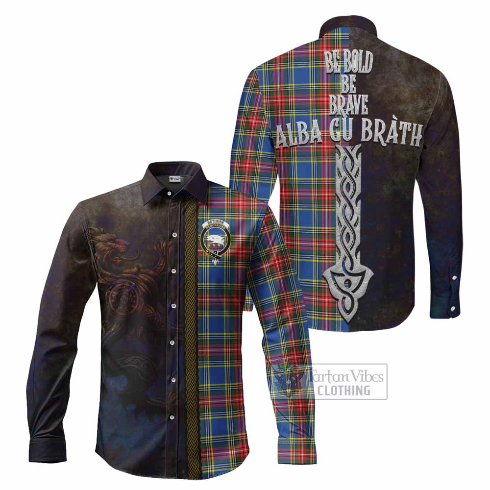 Tartan Vibes Clothing Bethune Tartan Family Crest Long Sleeve Button Shirt Alba Gu Brath Be Brave Lion Ancient Style