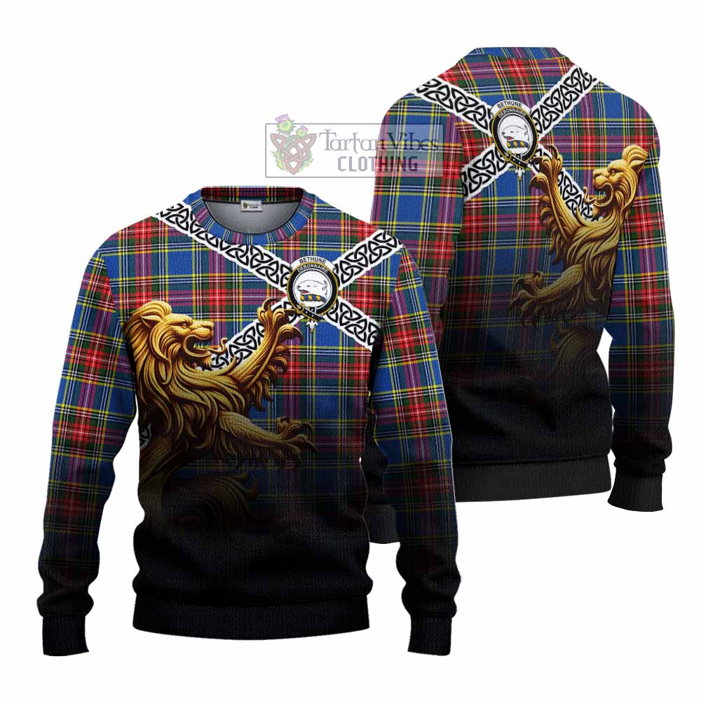 Tartan Vibes Clothing Bethune Crest Tartan Knitted Sweater with Golden Lion Emblem Celtic Style