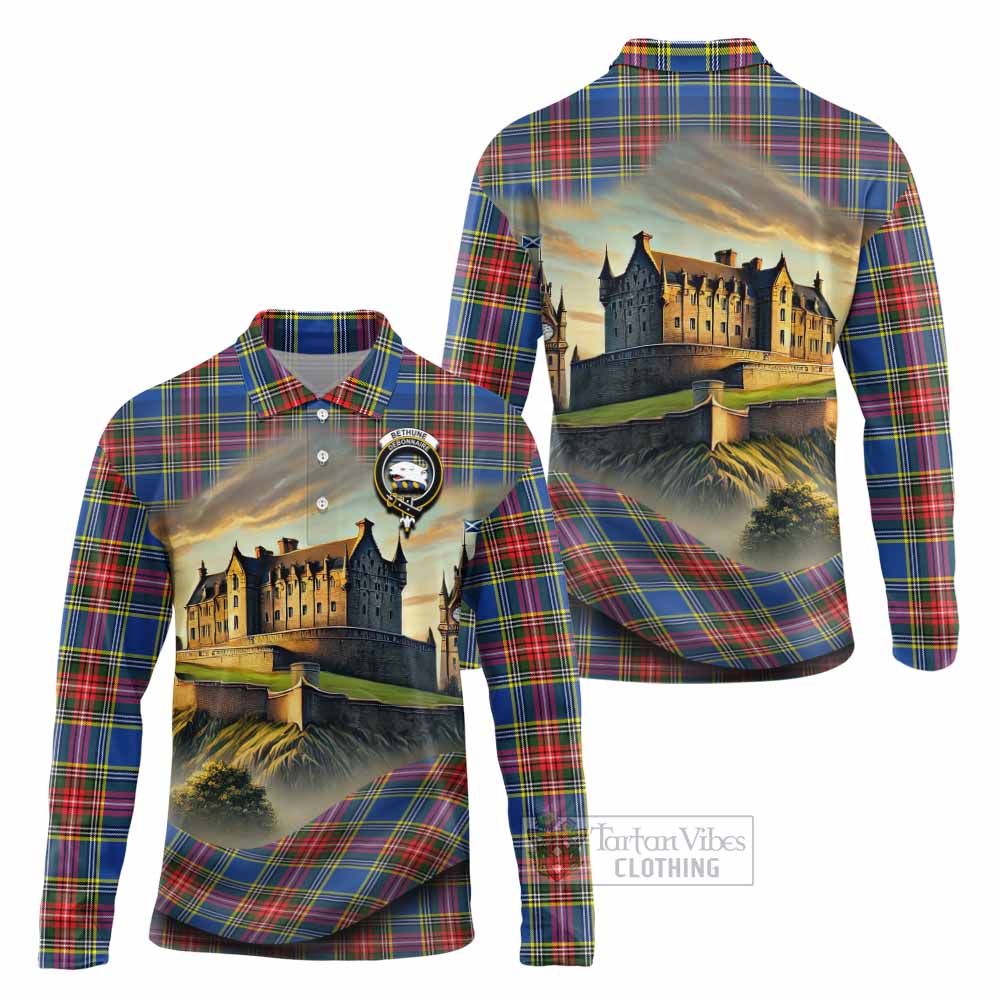 Tartan Vibes Clothing Bethune Tartan Family Crest Long Sleeve Polo Shirt with Scottish Ancient Castle Style