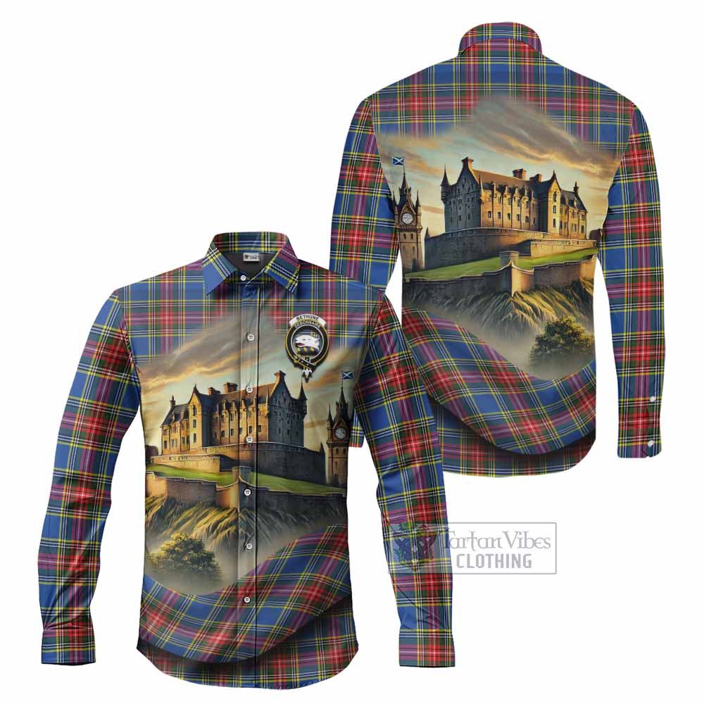 Tartan Vibes Clothing Bethune Tartan Family Crest Long Sleeve Button Shirt with Scottish Ancient Castle Style