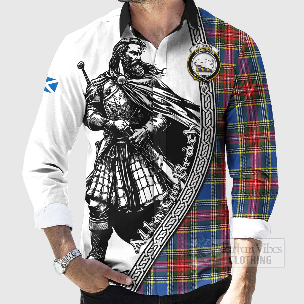 Tartan Vibes Clothing Bethune Tartan Clan Crest Long Sleeve Button Shirt with Highlander Warrior Celtic Style