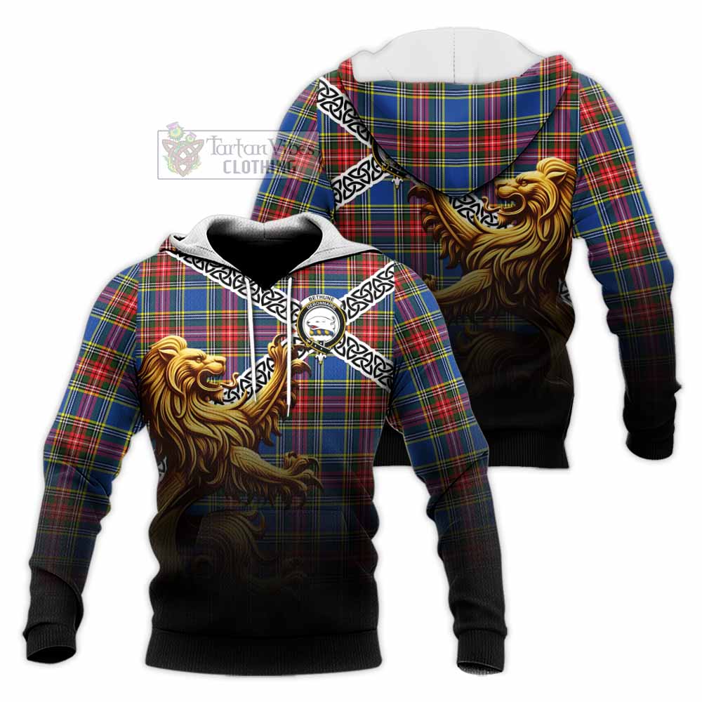 Tartan Vibes Clothing Bethune Crest Tartan Knitted Hoodie with Golden Lion Emblem Celtic Style