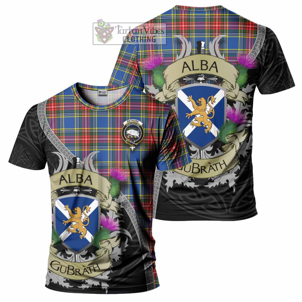 Tartan Vibes Clothing Bethune Tartan Family Crest T-Shirt Lion Rampant Royal Thistle Shield Celtic Inspired