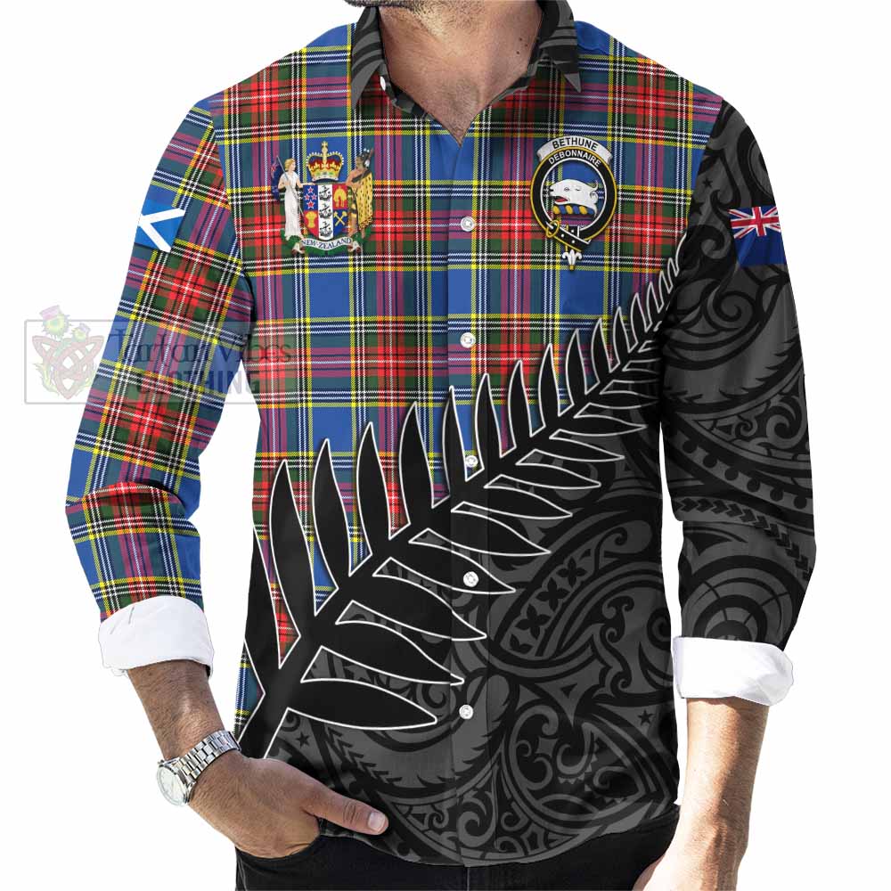 Tartan Vibes Clothing Bethune Crest Tartan Long Sleeve Button Shirt with New Zealand Silver Fern Half Style