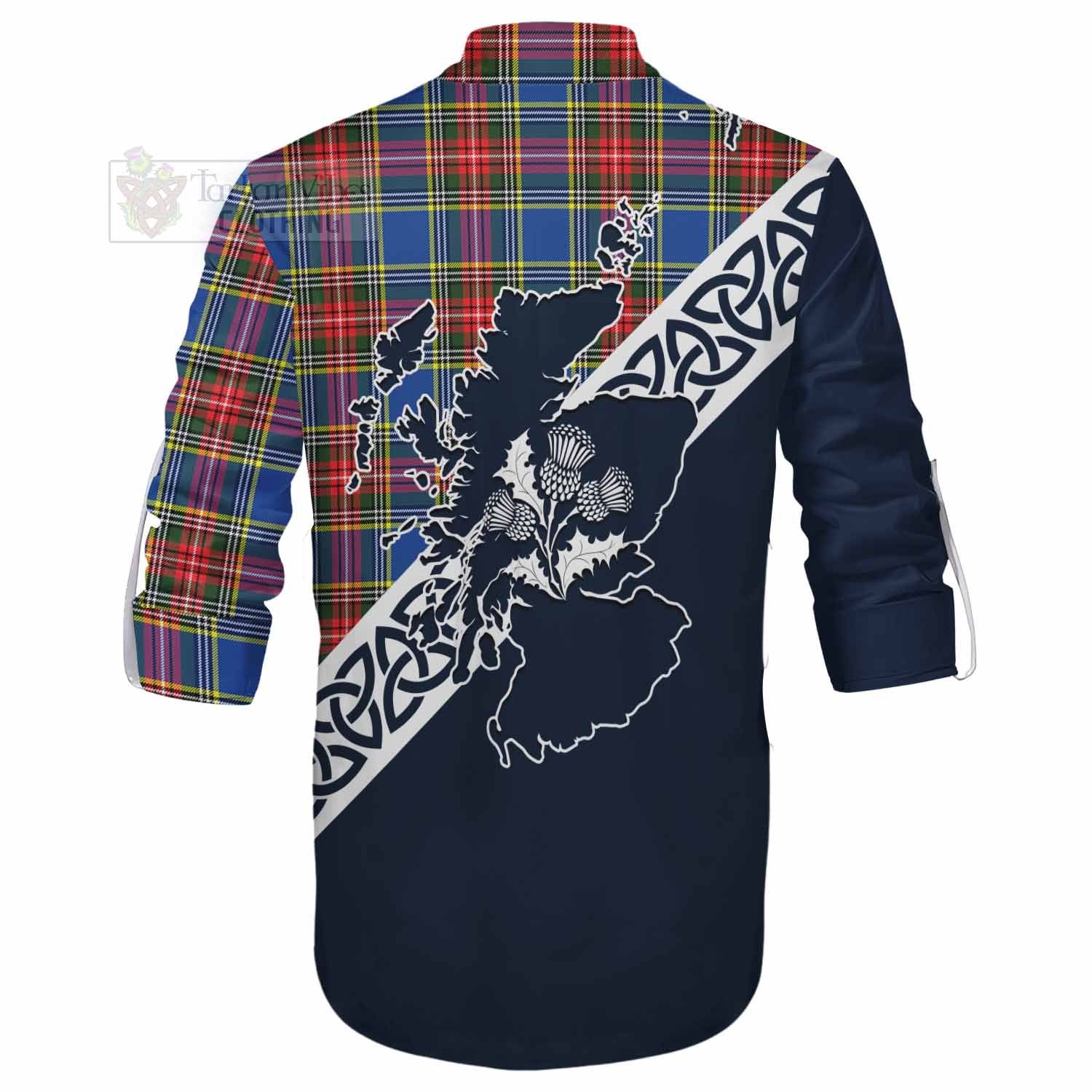 Tartan Vibes Clothing Bethune Tartan Ghillie Kilt Shirt Featuring Thistle and Scotland Map