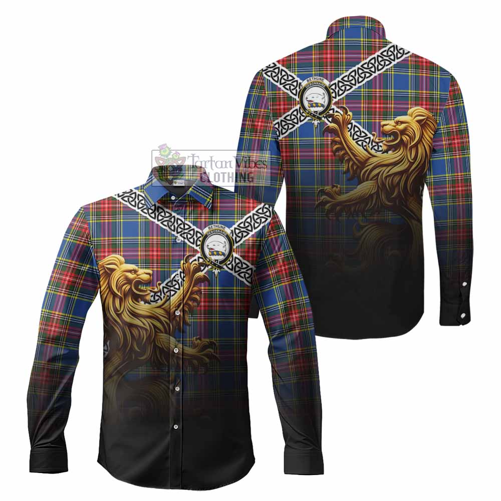 Tartan Vibes Clothing Bethune Crest Tartan Long Sleeve Button Shirt with Golden Lion Emblem Celtic Style