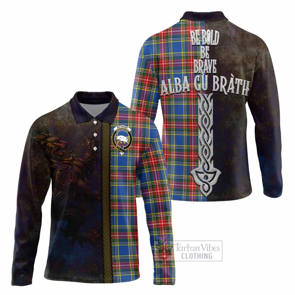 Tartan Vibes Clothing Bethune Tartan Family Crest Long Sleeve Polo Shirt Alba Gu Brath Be Brave Lion Ancient Style