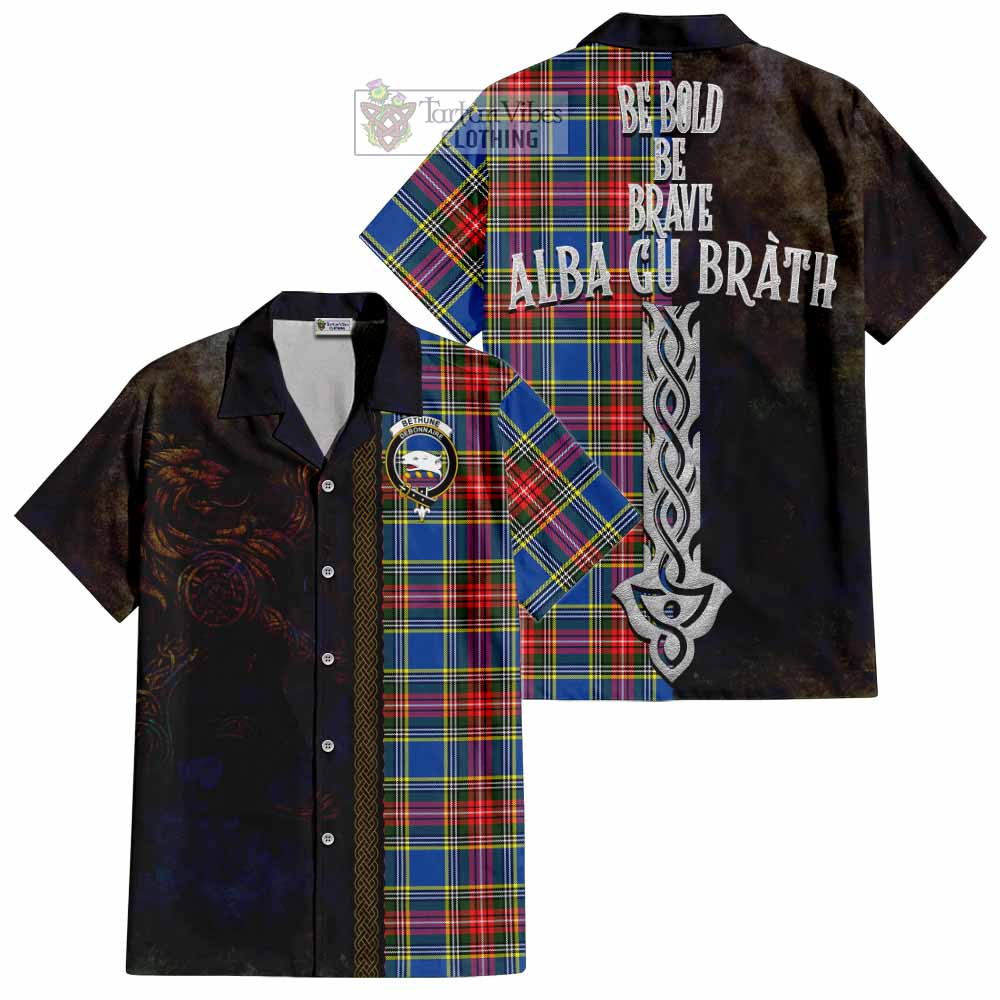 Tartan Vibes Clothing Bethune Tartan Family Crest Short Sleeve Button Shirt Alba Gu Brath Be Brave Lion Ancient Style