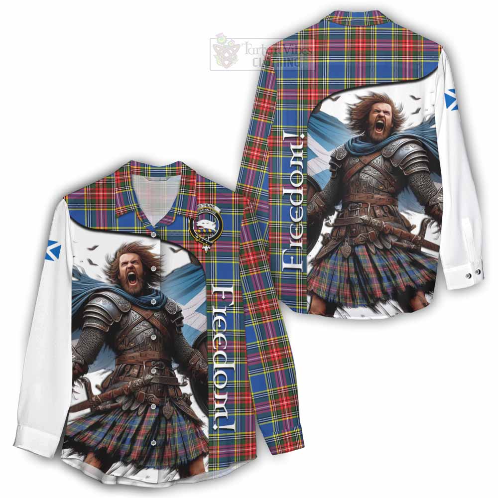 Tartan Vibes Clothing Bethune Crest Tartan Women's Casual Shirt Inspired by the Freedom of Scottish Warrior
