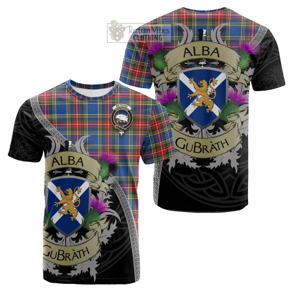 Tartan Vibes Clothing Bethune Tartan Family Crest Cotton T-shirt Lion Rampant Royal Thistle Shield Celtic Inspired