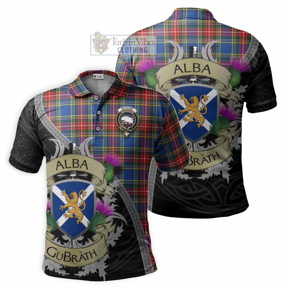 Tartan Vibes Clothing Bethune Tartan Family Crest Polo Shirt Lion Rampant Royal Thistle Shield Celtic Inspired