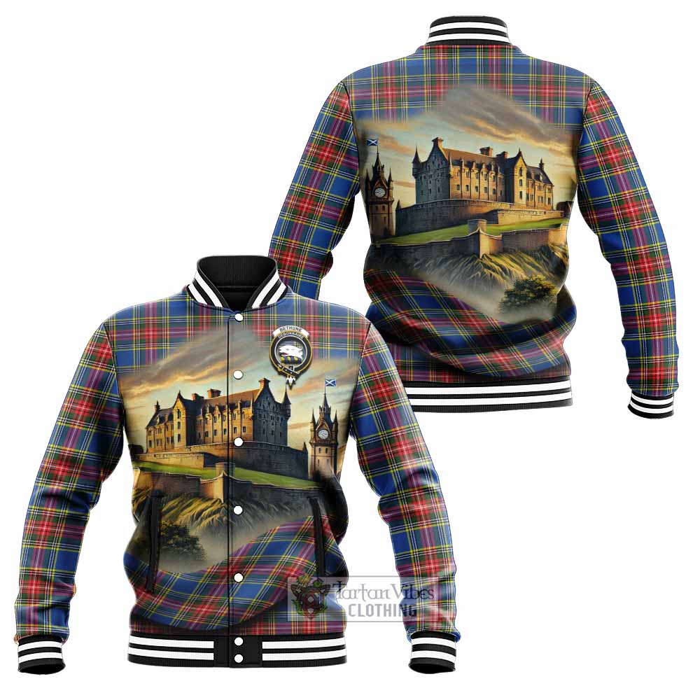 Tartan Vibes Clothing Bethune Tartan Family Crest Baseball Jacket with Scottish Ancient Castle Style