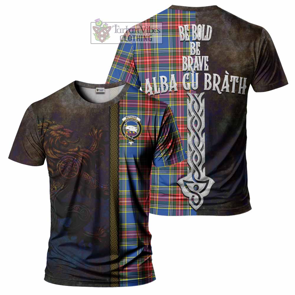 Tartan Vibes Clothing Bethune Tartan Family Crest T-Shirt Alba Gu Brath Be Brave Lion Ancient Style