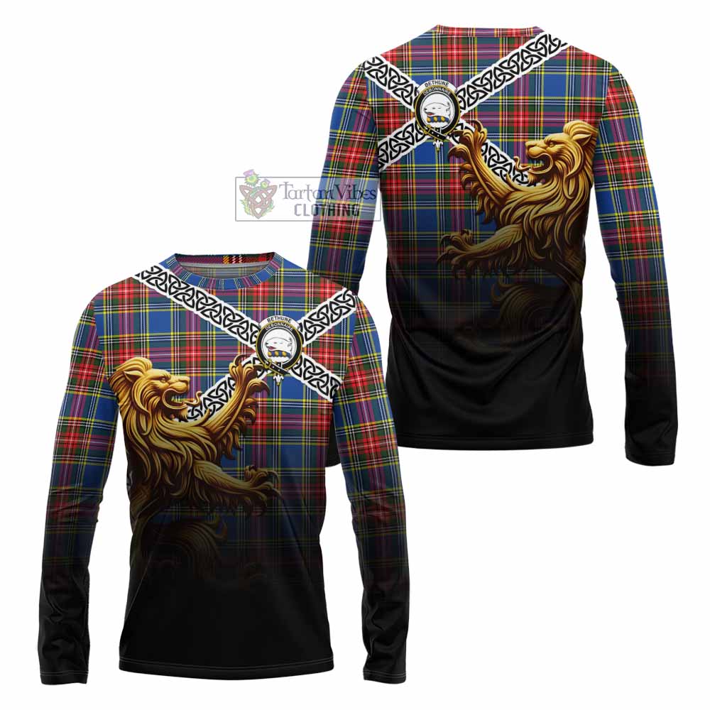 Tartan Vibes Clothing Bethune Crest Tartan Long Sleeve T-Shirt with Golden Lion Emblem Celtic Style