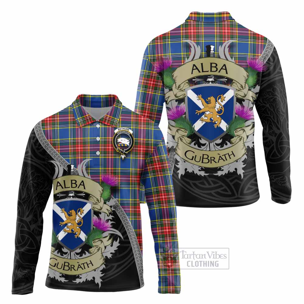 Tartan Vibes Clothing Bethune Tartan Family Crest Long Sleeve Polo Shirt Lion Rampant Royal Thistle Shield Celtic Inspired