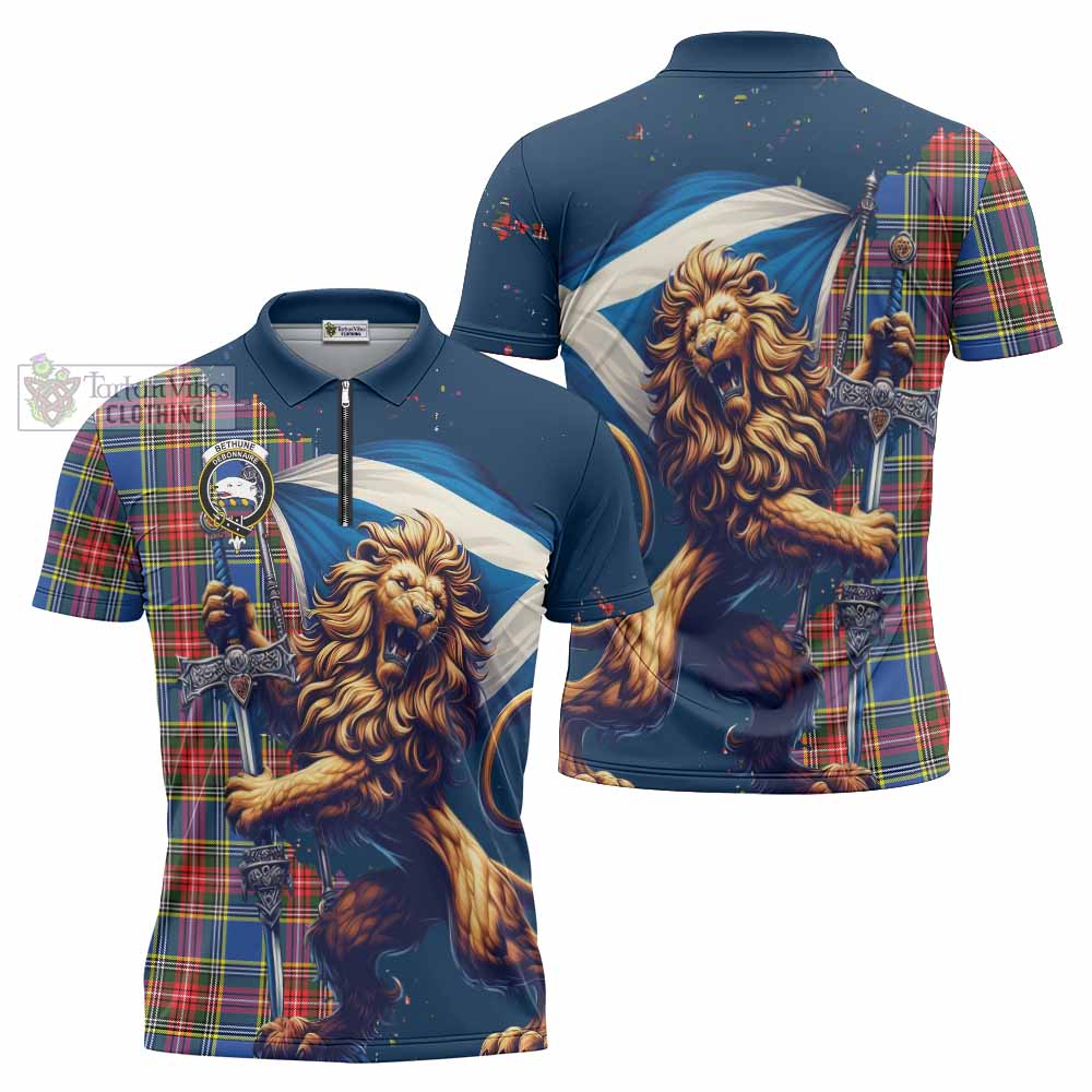Tartan Vibes Clothing Bethune Tartan Family Crest Zipper Polo Shirt with Scottish Majestic Lion