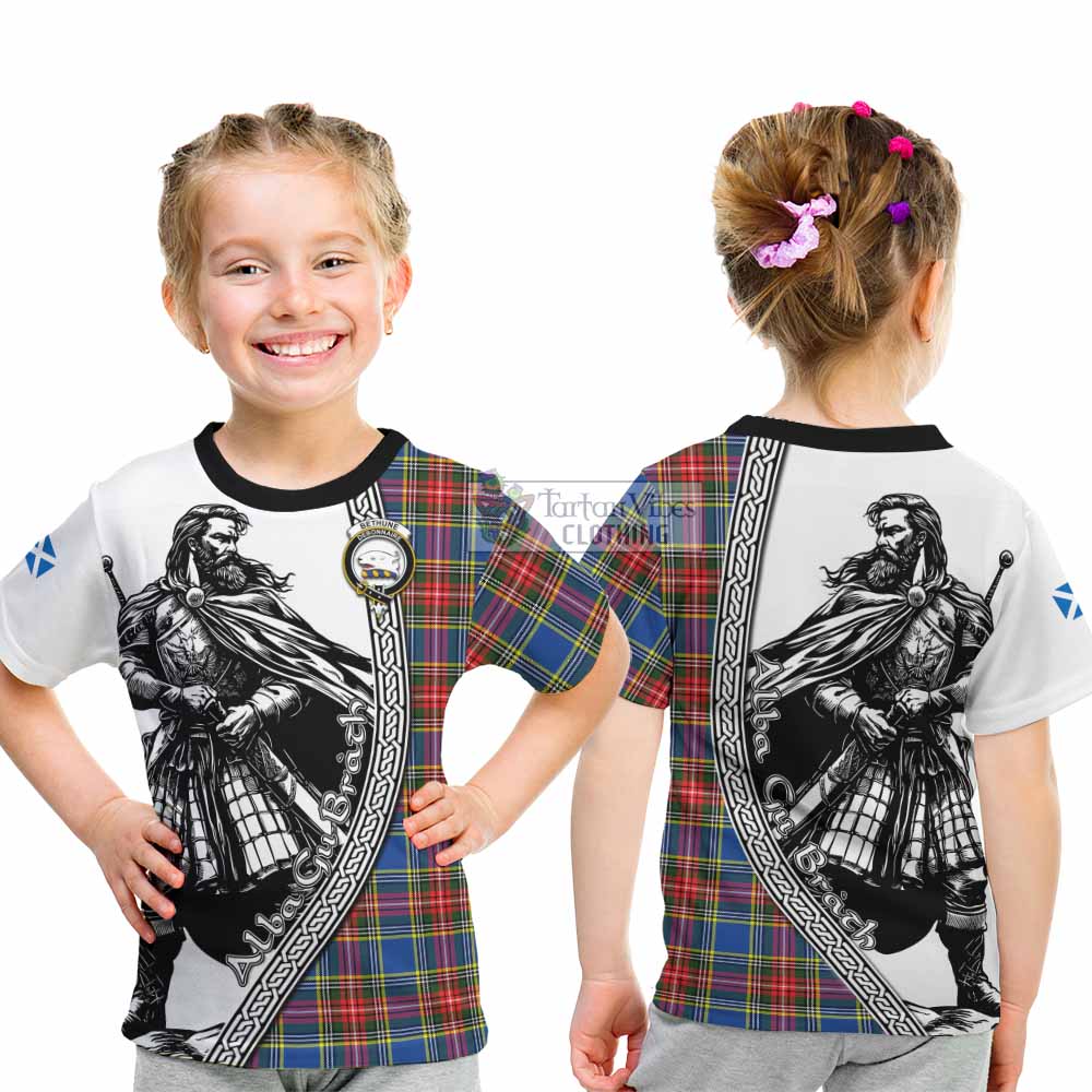 Bethune Tartan Clan Crest Kid T-Shirt with Highlander Warrior Celtic Style