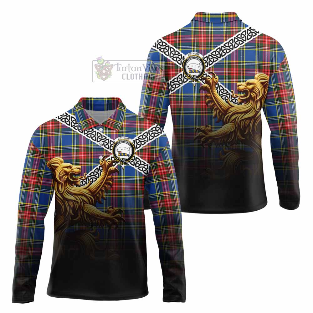 Tartan Vibes Clothing Bethune Crest Tartan Long Sleeve Polo Shirt with Golden Lion Emblem Celtic Style