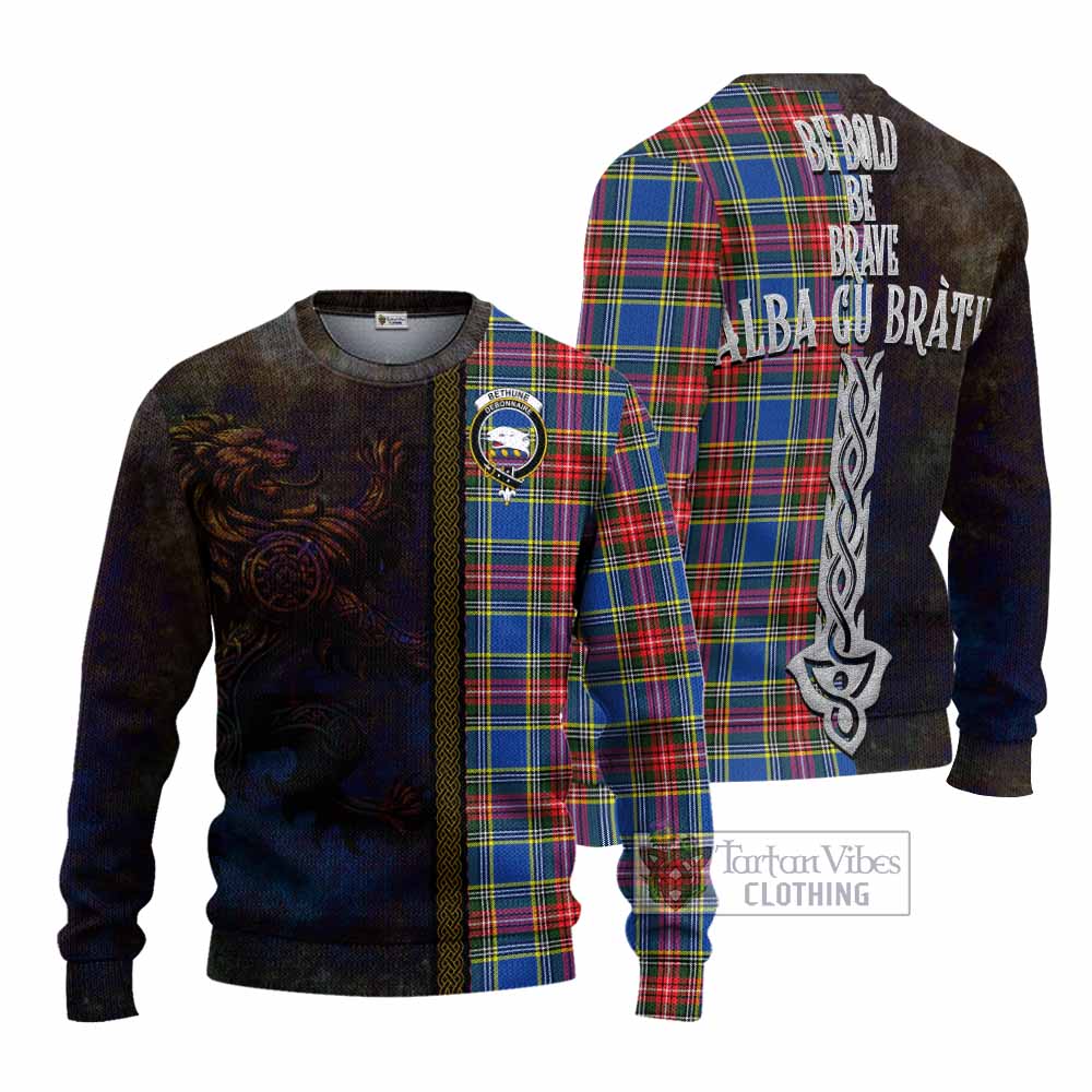 Tartan Vibes Clothing Bethune Tartan Family Crest Knitted Sweater Alba Gu Brath Be Brave Lion Ancient Style