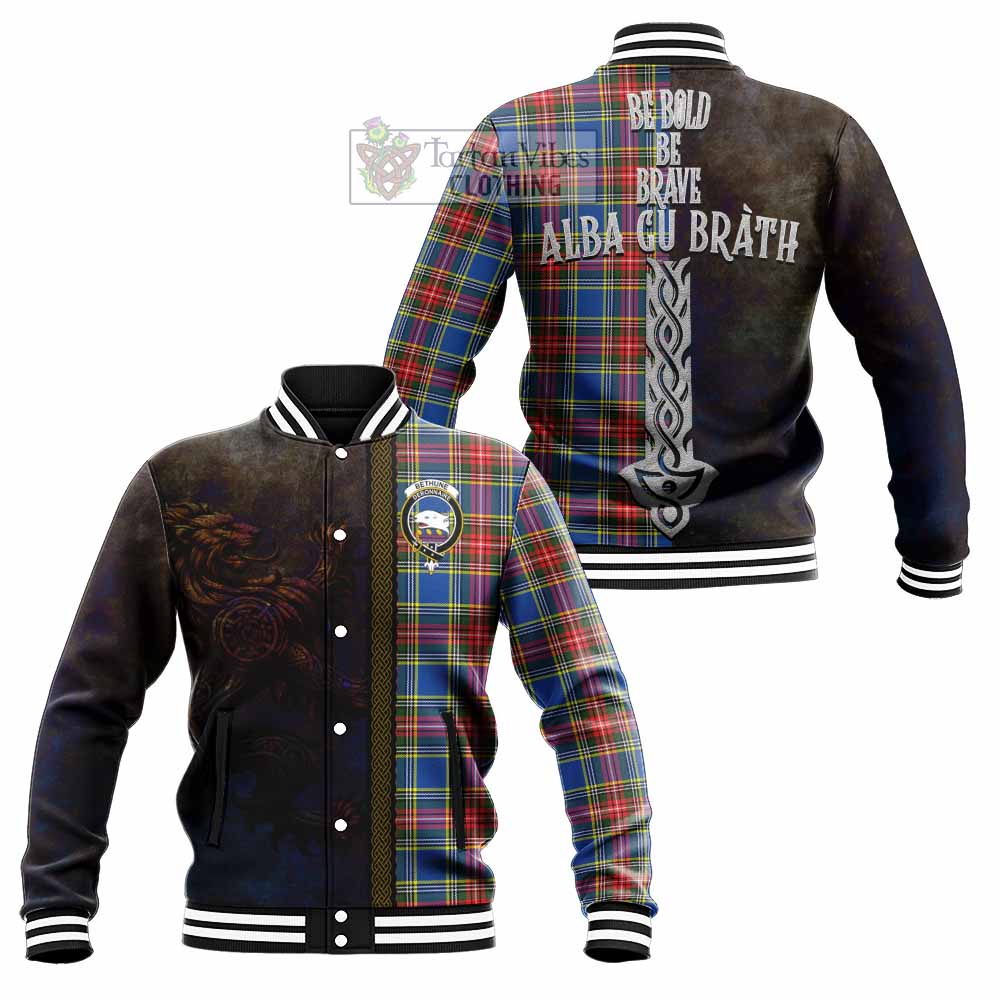 Tartan Vibes Clothing Bethune Tartan Family Crest Baseball Jacket Alba Gu Brath Be Brave Lion Ancient Style