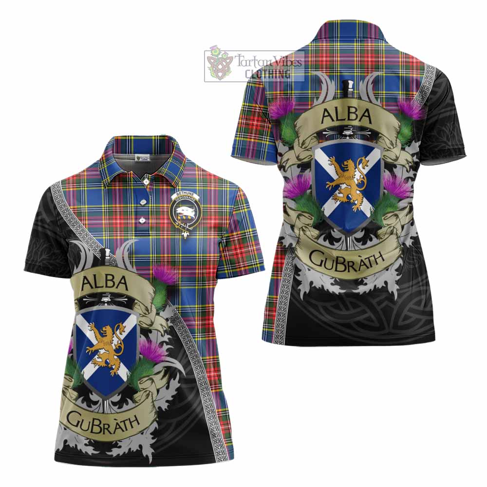 Tartan Vibes Clothing Bethune Tartan Family Crest Women's Polo Shirt Lion Rampant Royal Thistle Shield Celtic Inspired