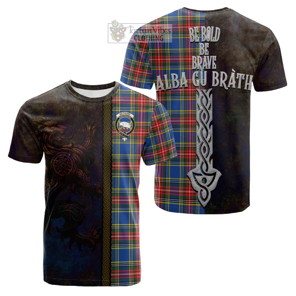 Tartan Vibes Clothing Bethune Tartan Family Crest Cotton T-shirt Alba Gu Brath Be Brave Lion Ancient Style
