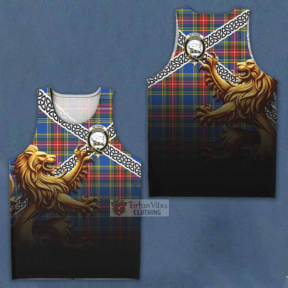 Tartan Vibes Clothing Bethune Crest Tartan Men's Tank Top with Golden Lion Emblem Celtic Style