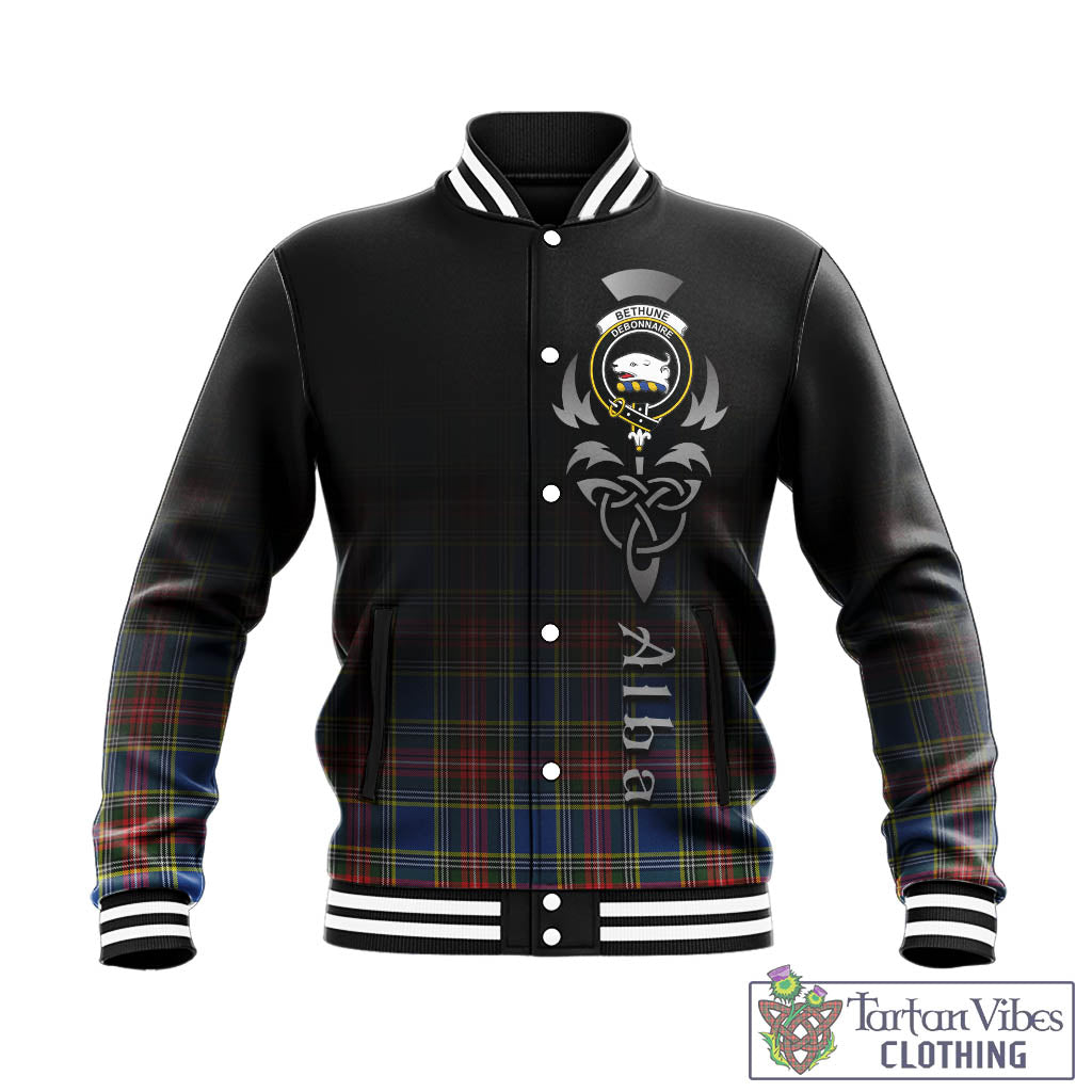 Tartan Vibes Clothing Bethune Tartan Baseball Jacket Featuring Alba Gu Brath Family Crest Celtic Inspired