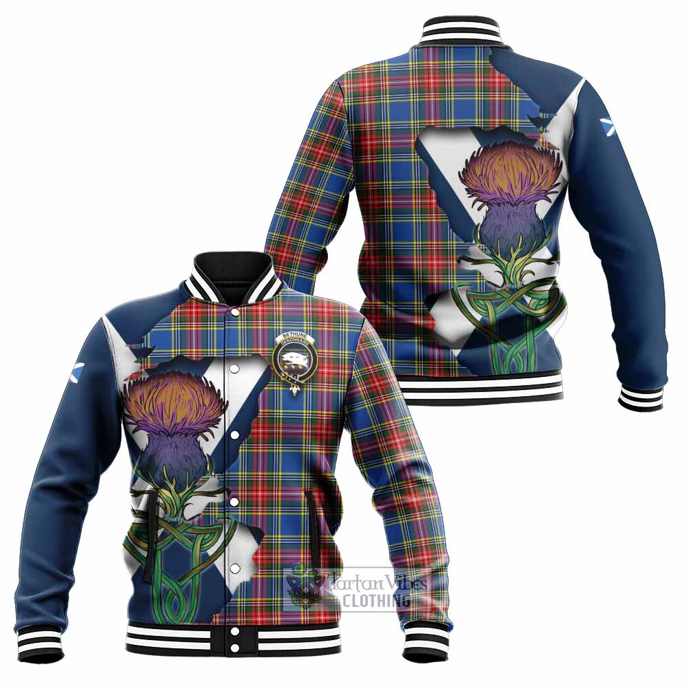 Tartan Vibes Clothing Bethune Tartan Family Crest Baseball Jacket Scottish Thistle Celtic Inspired