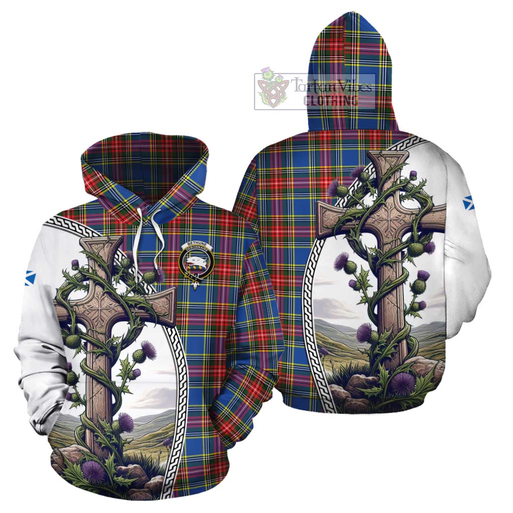 Tartan Vibes Clothing Bethune Tartan Cotton Hoodie with Family Crest and St. Andrew's Cross Accented by Thistle Vines