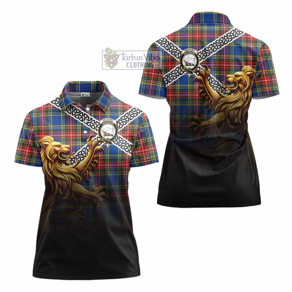 Tartan Vibes Clothing Bethune Crest Tartan Women's Polo Shirt with Golden Lion Emblem Celtic Style