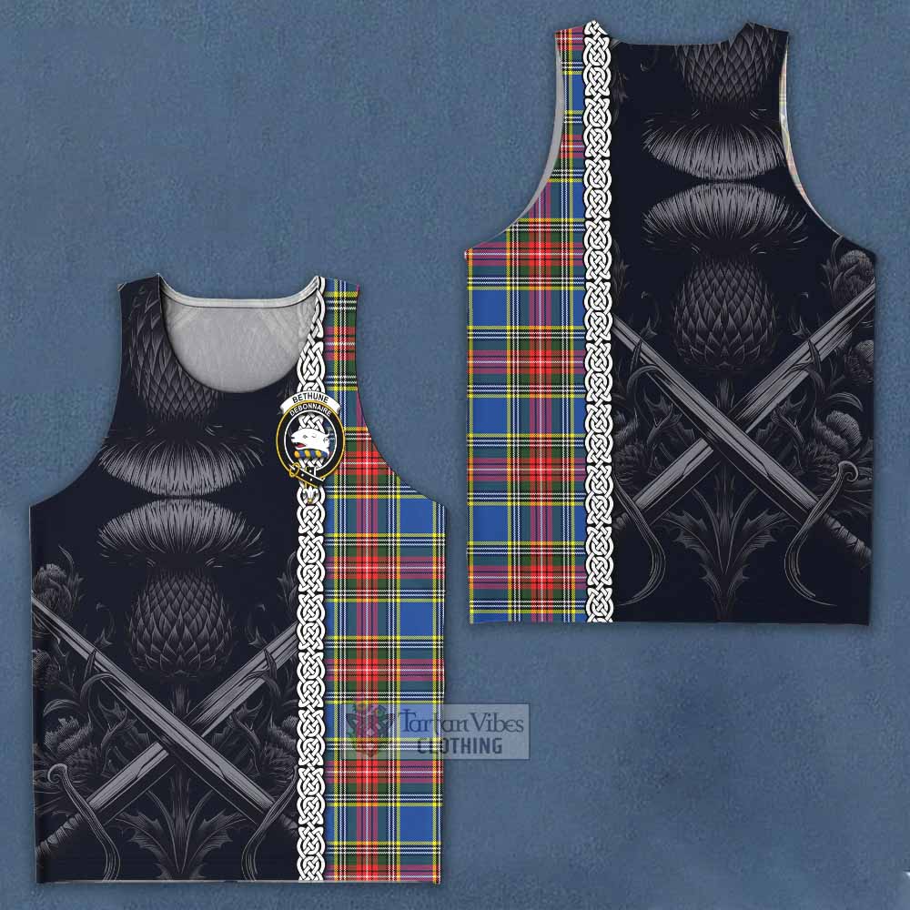 Tartan Vibes Clothing Bethune Tartan Men's Tank Top with Family Crest Cross Sword Thistle Celtic Vibes