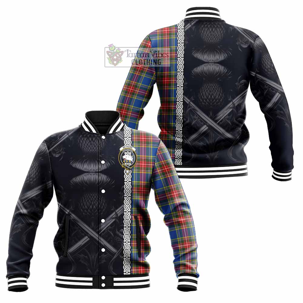 Tartan Vibes Clothing Bethune Tartan Baseball Jacket with Family Crest Cross Sword Thistle Celtic Vibes