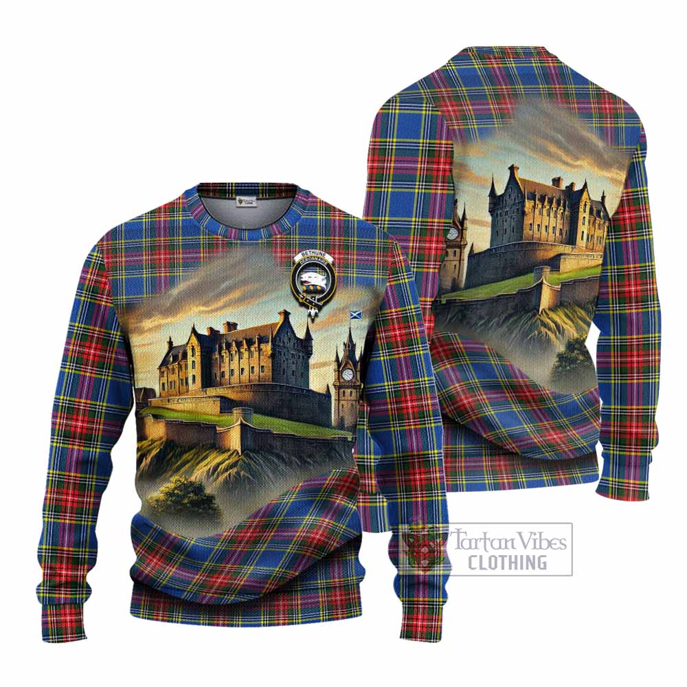 Tartan Vibes Clothing Bethune Tartan Family Crest Knitted Sweater with Scottish Ancient Castle Style