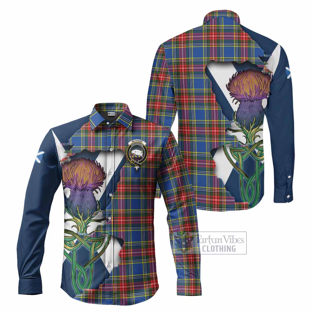 Tartan Vibes Clothing Bethune Tartan Family Crest Long Sleeve Button Shirt Scottish Thistle Celtic Inspired