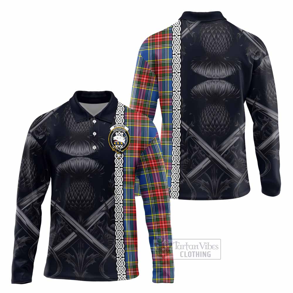 Tartan Vibes Clothing Bethune Tartan Long Sleeve Polo Shirt with Family Crest Cross Sword Thistle Celtic Vibes