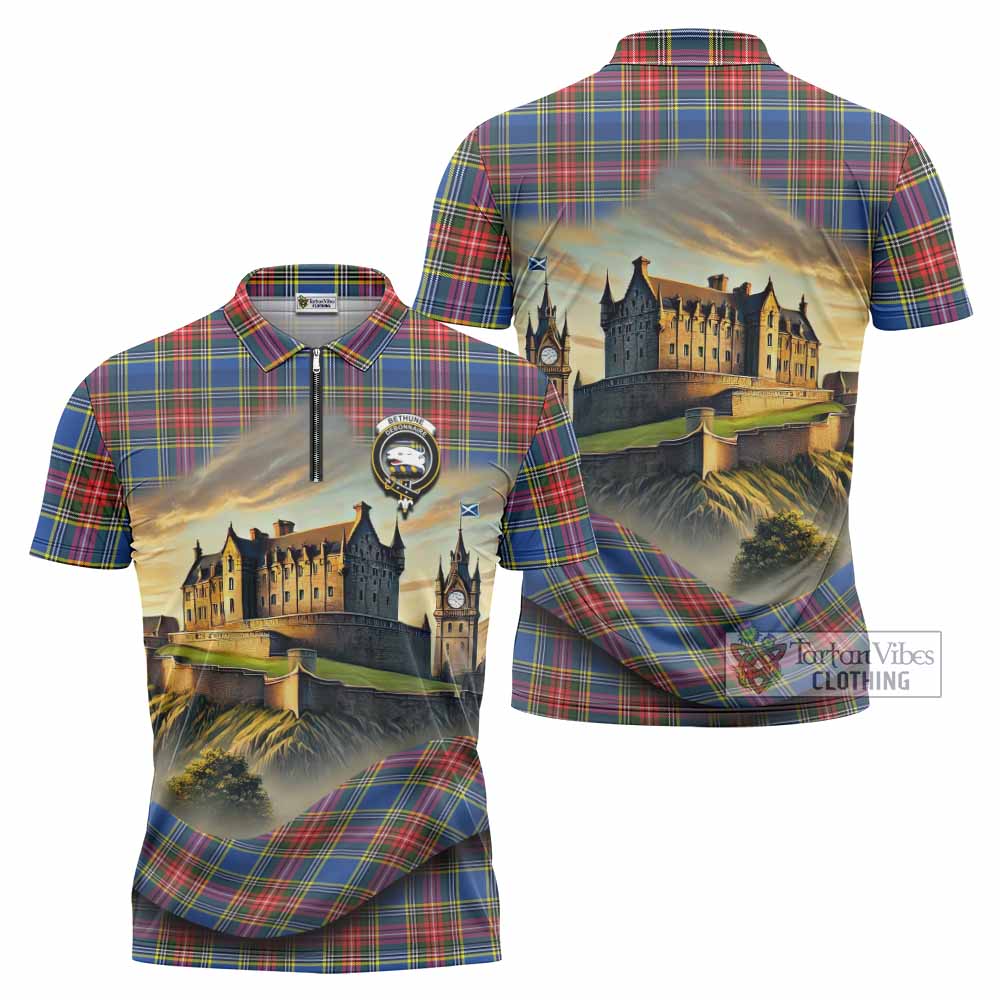 Tartan Vibes Clothing Bethune Tartan Family Crest Zipper Polo Shirt with Scottish Ancient Castle Stype
