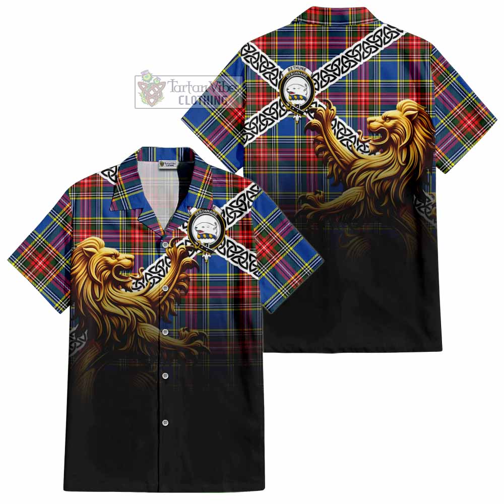 Tartan Vibes Clothing Bethune Crest Tartan Short Sleeve Button Shirt with Golden Lion Emblem Celtic Style
