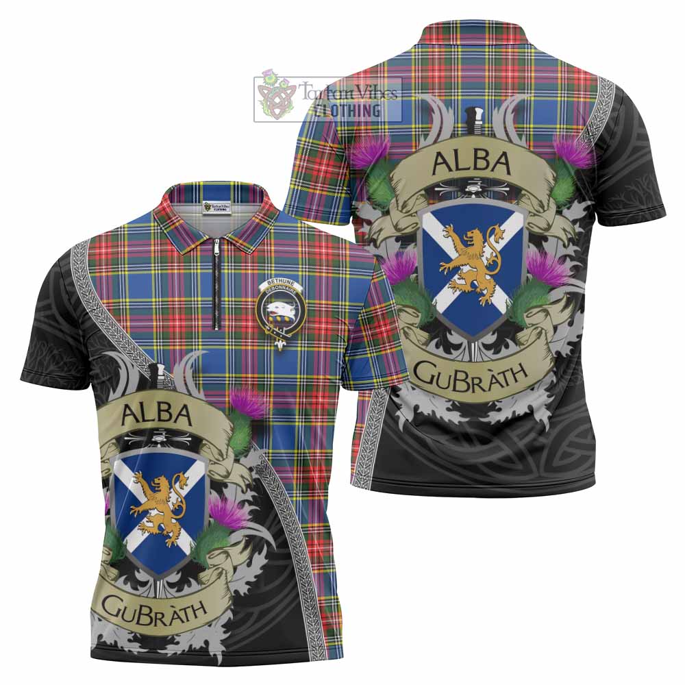 Tartan Vibes Clothing Bethune Tartan Family Crest Zipper Polo Shirt Lion Rampant Royal Thistle Shield Celtic Inspired