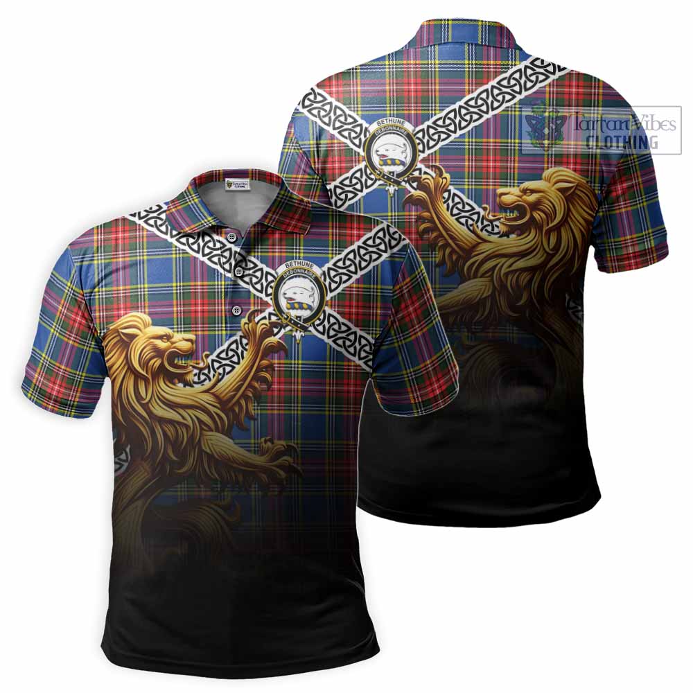 Tartan Vibes Clothing Bethune Crest Tartan Polo Shirt with Golden Lion Emblem Celtic Style