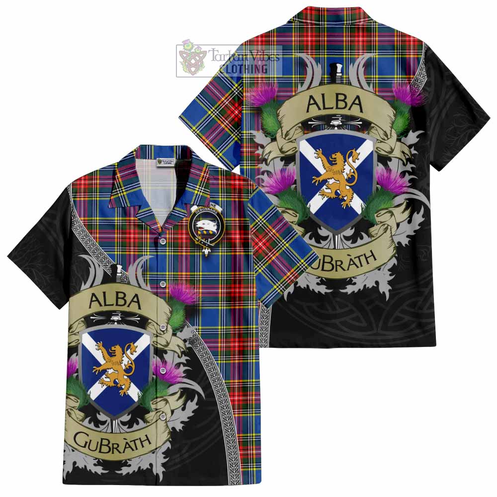 Tartan Vibes Clothing Bethune Tartan Family Crest Short Sleeve Button Shirt Lion Rampant Royal Thistle Shield Celtic Inspired