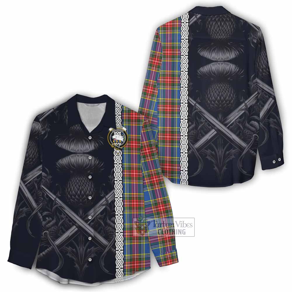 Tartan Vibes Clothing Bethune Tartan Women's Casual Shirt with Family Crest Cross Sword Thistle Celtic Vibes