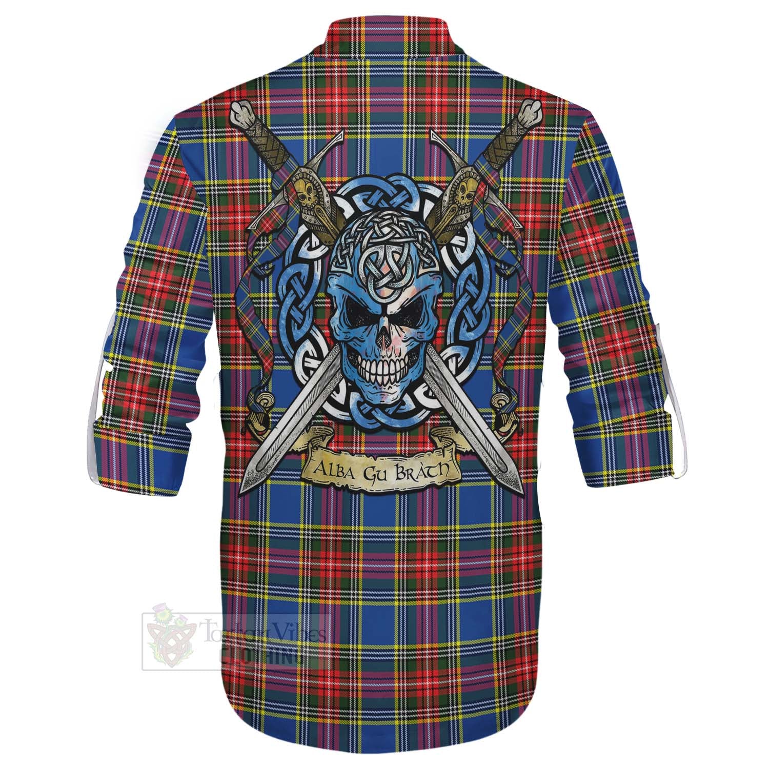 Tartan Vibes Clothing Bethune Tartan Ghillie Kilt Shirt with Family Crest Celtic Skull Style