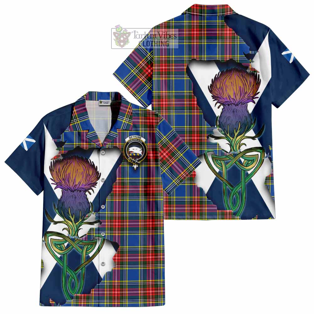 Tartan Vibes Clothing Bethune Tartan Family Crest Short Sleeve Button Shirt Scottish Thistle Celtic Inspired