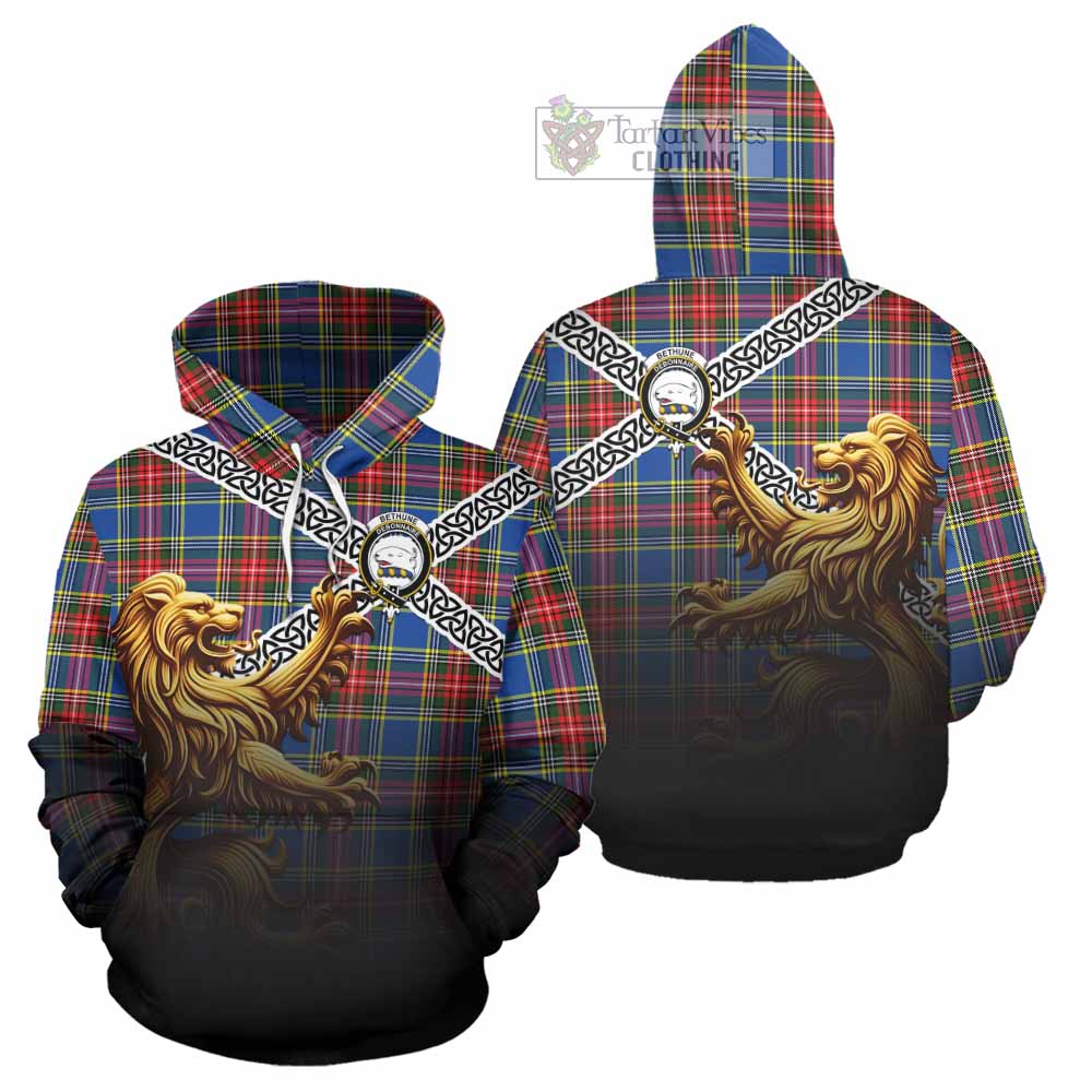 Tartan Vibes Clothing Bethune Crest Tartan Hoodie with Golden Lion Emblem Celtic Style